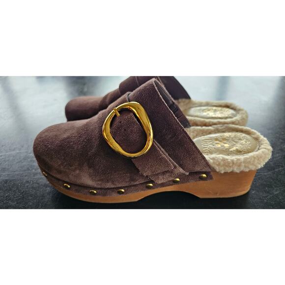 Vince Camuto Faux Fur Fleece‎ Mules Canzenee Clog Women Size 6.5 Brown Leather - Picture 3 of 8